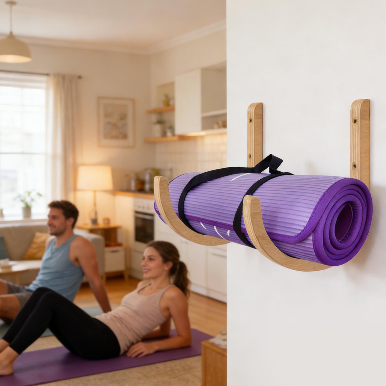 Home Gym Yoga Mat Storage - ที่แขวนเสื่อโยคะติดผนังแบบไม้ 2 ชิ้น พร้อมสกรู ชั้นวางเก็บของสำหรับเสื่อโยคะ โฟมโรลเลอร์