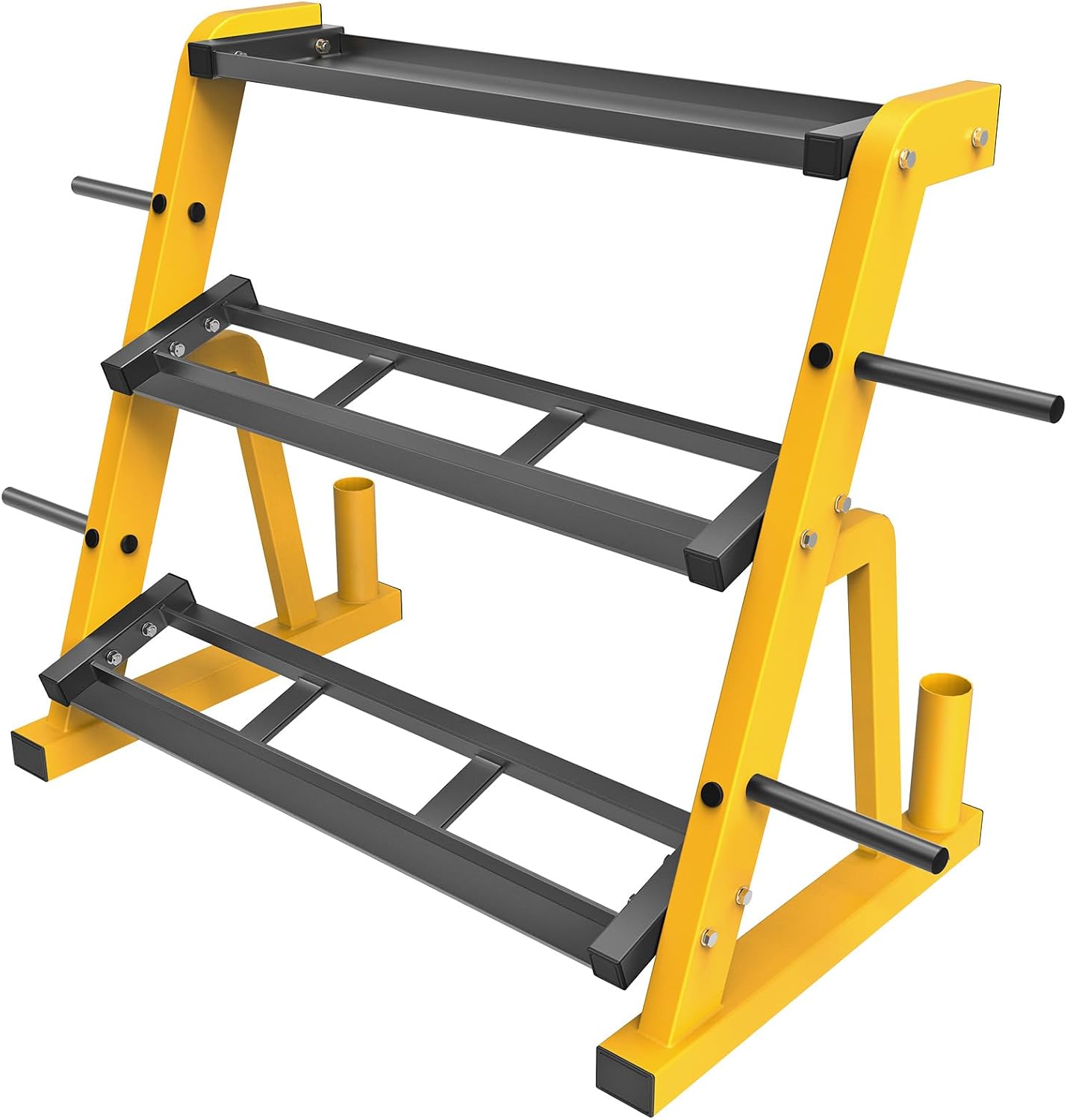 Home Gym Yellow - ชั้นวางดัมเบลแบบสามชั้นสำหรับงานหนัก ชั้นวางอเนกประสงค์สำหรับเก็บและจัดแสดงดัมเบล เคทเทิลเบล บาร์เบล แผ่นน้ำหนัก บาร์เบล