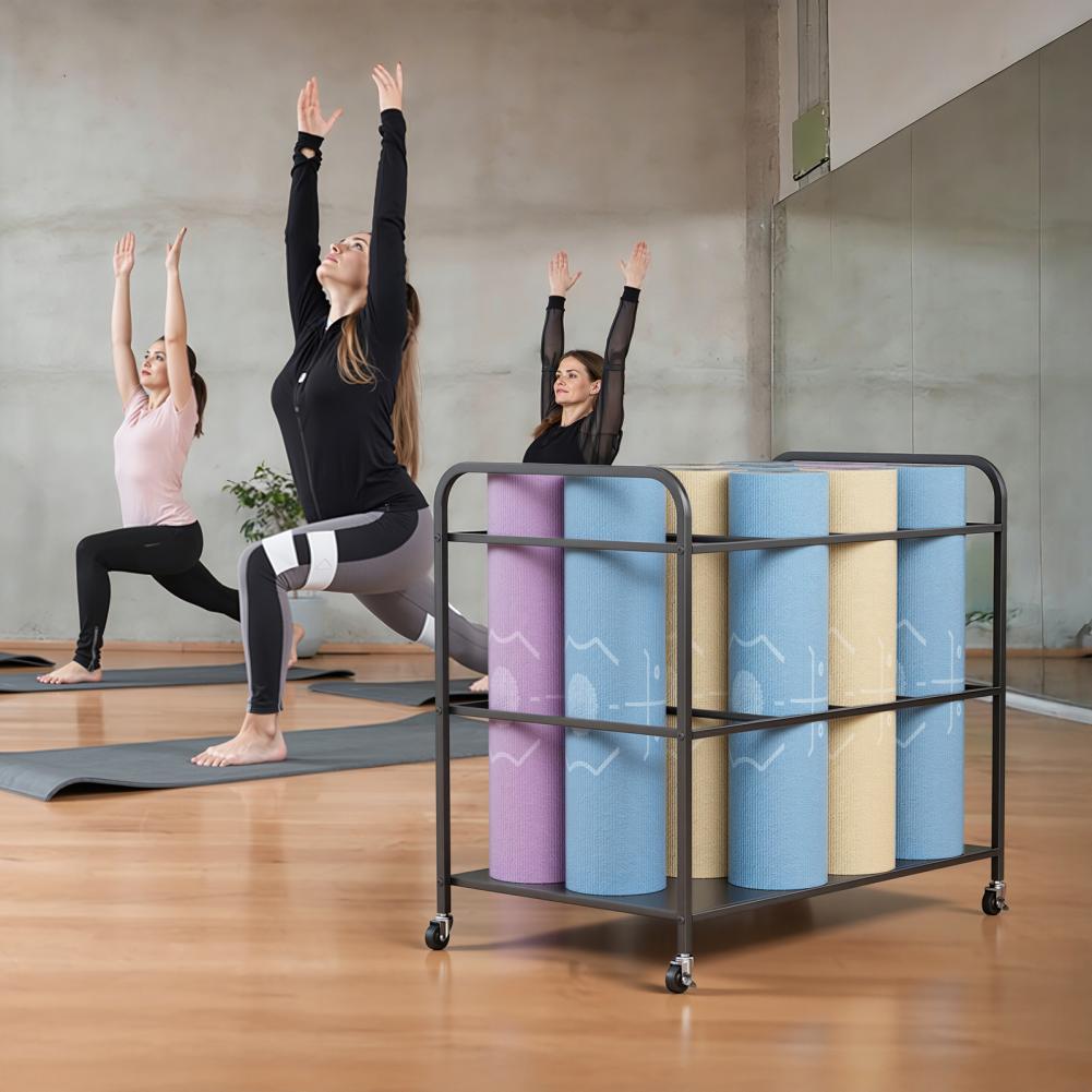 Home Gym Yoga Mat Storage - ชั้นวางเสื่อโยคะพร้อมล้อเลื่อน, รถเข็นเก็บอุปกรณ์ออกกำลังกายที่บ้าน, อุปกรณ์จัดเก็บสำหรับออกกำลังกายและฟิตเนส, สีดำ