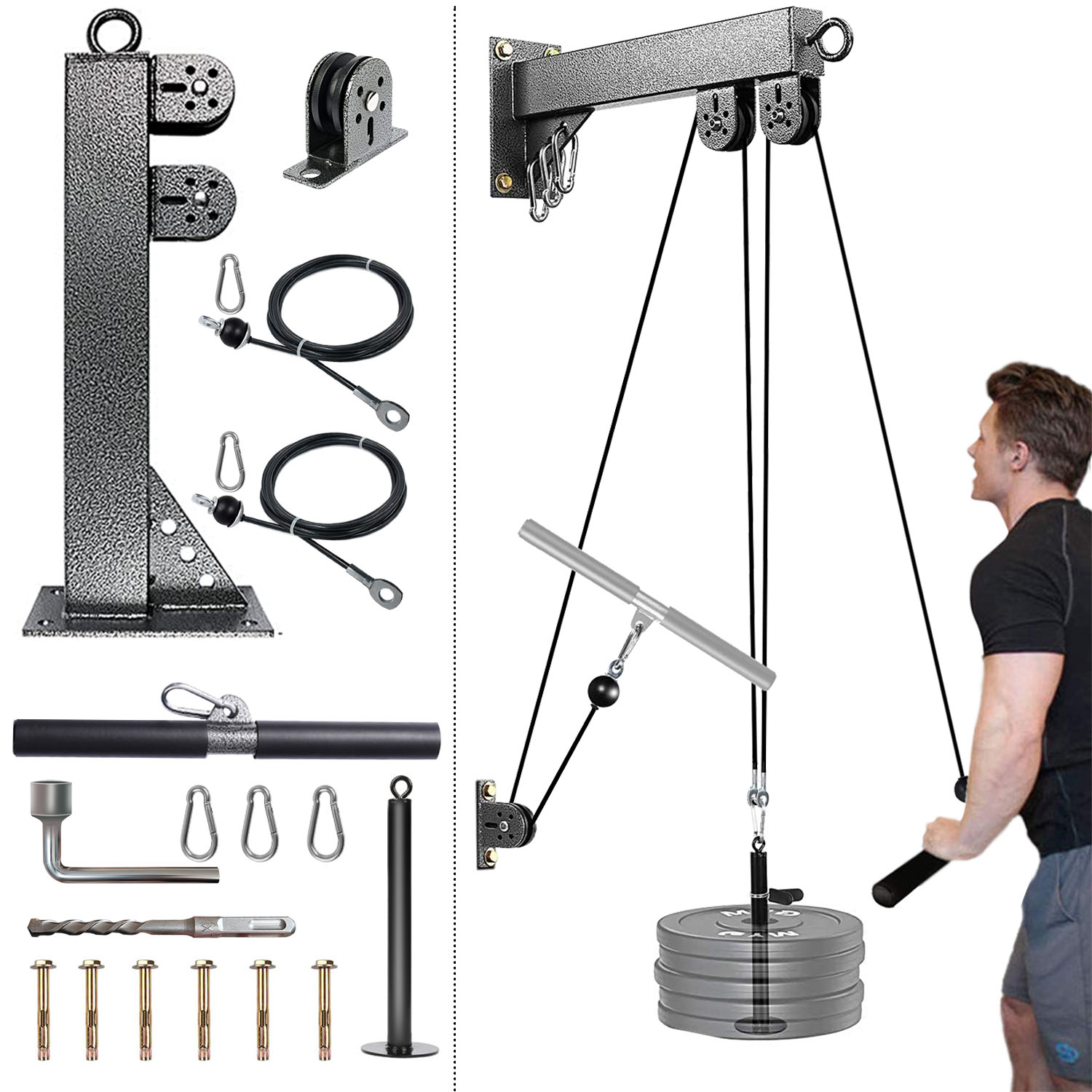 Cable Pulley System - ระบบรอกติดผนังสําหรับออกกําลังกาย, ระบบรอกสายไฟน้ําหนัก, เหมาะสําหรับการฝึกความแข็งแกร่งของยิม, LAT Pull Down,