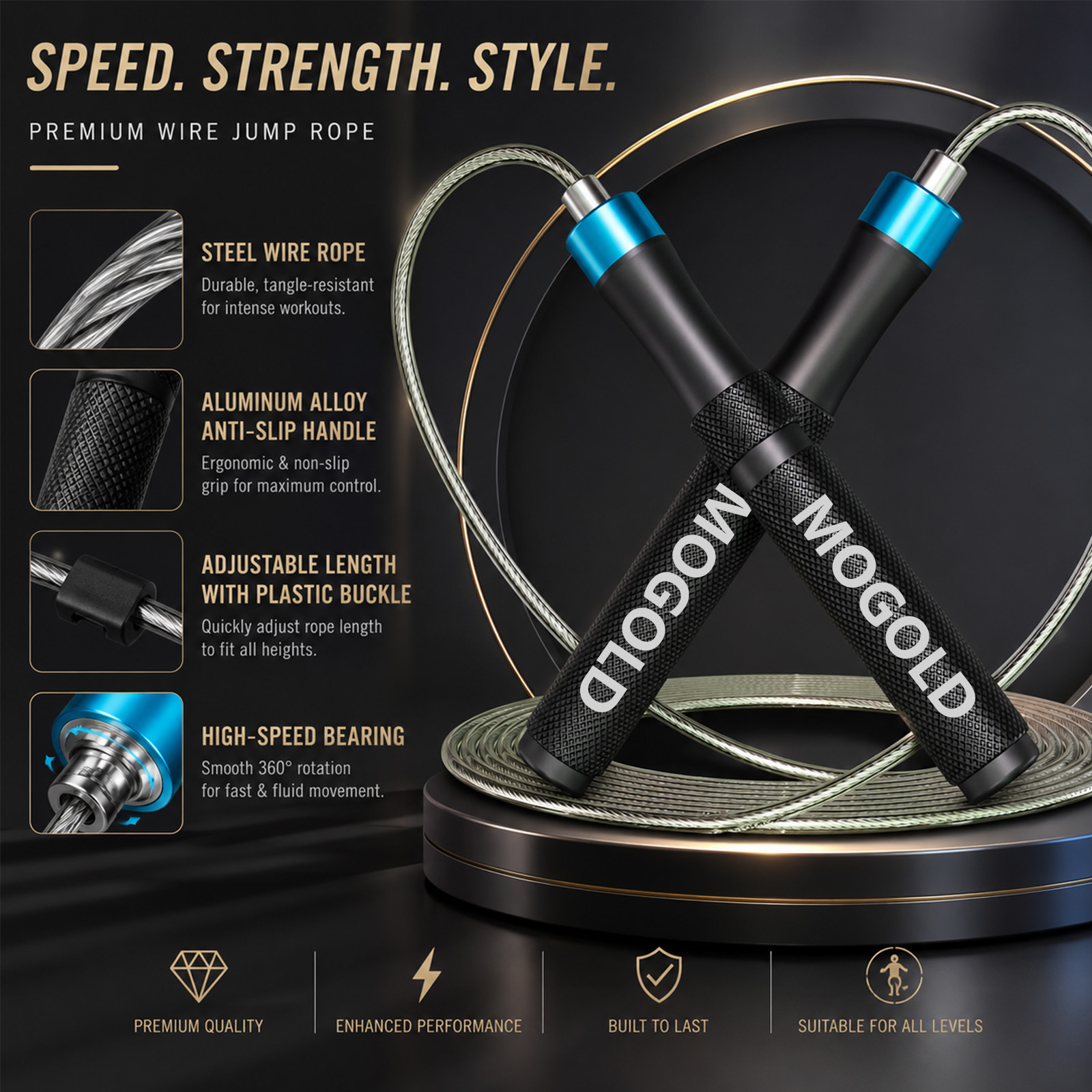 Jump Rope Bearing - MOGOLD เชือกกระโดดความเร็วระดับมืออาชีพพร้อมที่จับโลหะ, แบริ่งความเร็วสูงและ Zero Jamming, สายแข่ง